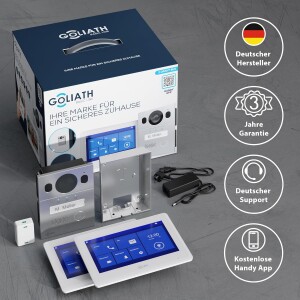 GOLIATH Basic 2-Draht BUS Video Türsprechanlage | FullHD | App | 150° | 1 Familie | Silber/Weiß | Aufputz | 2 x Innenstationen
