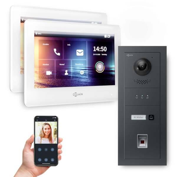 GOLIATH Hybrid IP Video Türsprechanlage mit App | 1 Fam | Anthrazit | 2x7 Zoll Weiß | Fingerprint | 180°