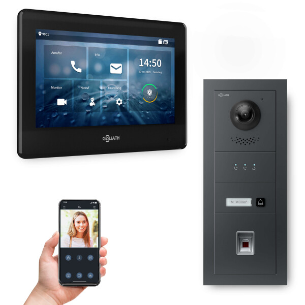 GOLIATH Hybrid IP Video Türsprechanlage mit App | 1 Fam | Anthrazit | 7 Zoll Schwarz | Fingerprint | 180°